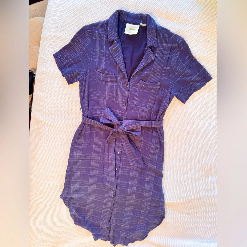 MAEVE Anthropologie Aria Textured Linen Navy Blue Shirtdress Midi Shirt Dress